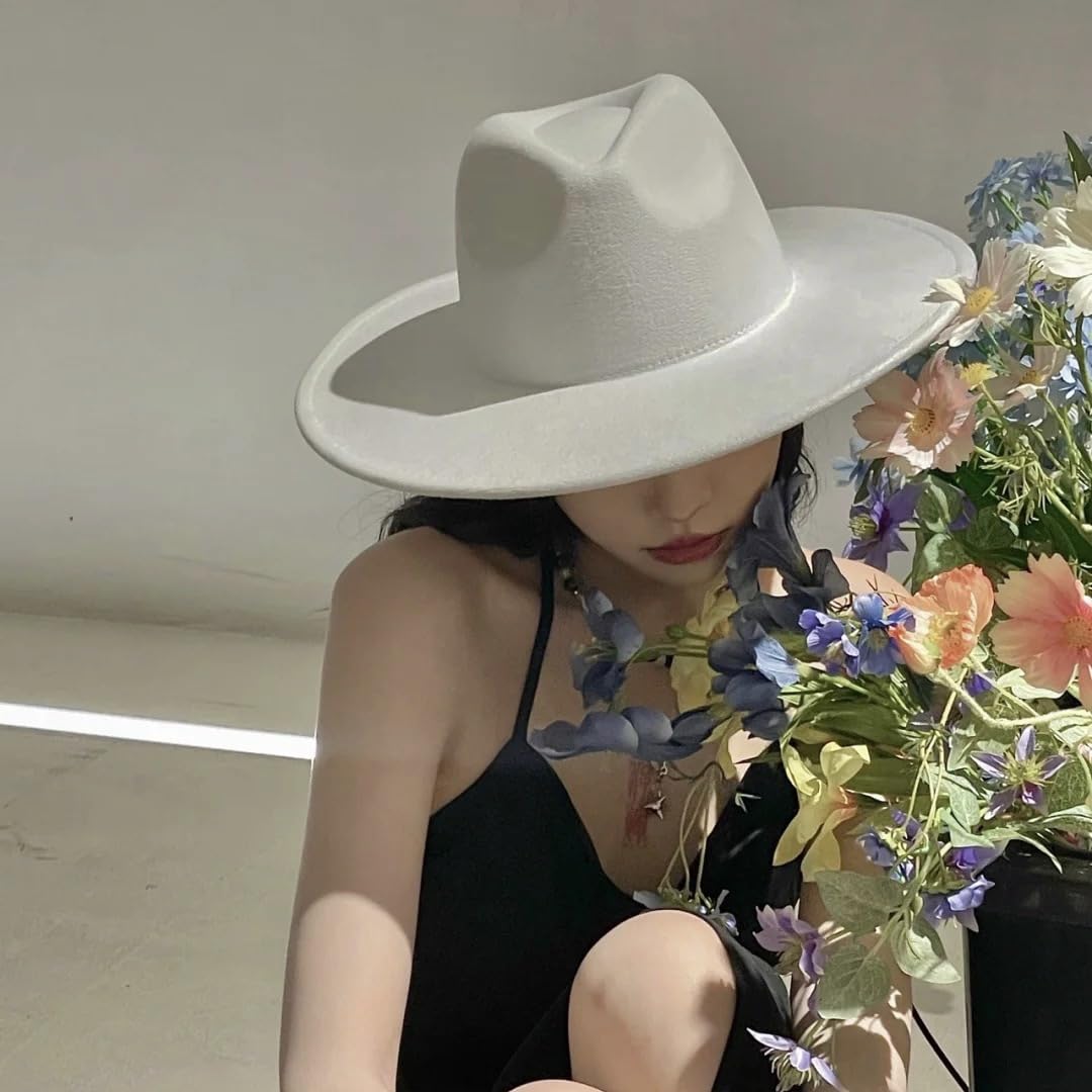 Happyupcity Sombrero Fedora de fieltro de ala ancha grande para mujeres y hombres, ajustable, clásico, sombrero de Panamá, sombrero Trilby, blanco, Talla única