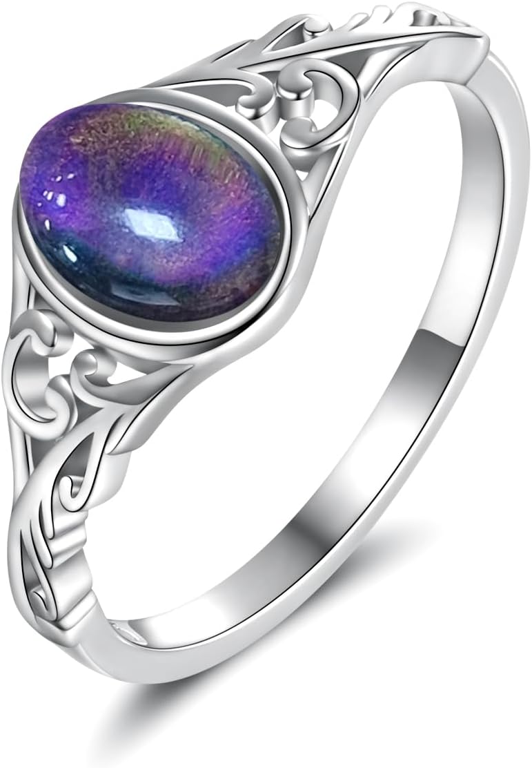 Sterling Silver Mood Stone Ring - Vintage Oval Color Changing Jewelry 925 Silver Emotional Energy Healing Crystal Jewelry Gift for Women