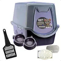 Caixa de areia para Gatos Toalete Preto/Cinza Petliz Banheiro Bandeja Sanitário Higiênico Facil Limpeza com Comedouros e Pá