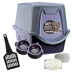 Caixa de areia para Gatos Toalete Preto/Cinza Petliz Banheiro Bandeja Sanitário Higiênico Facil Limpeza com Comedouros e Pá