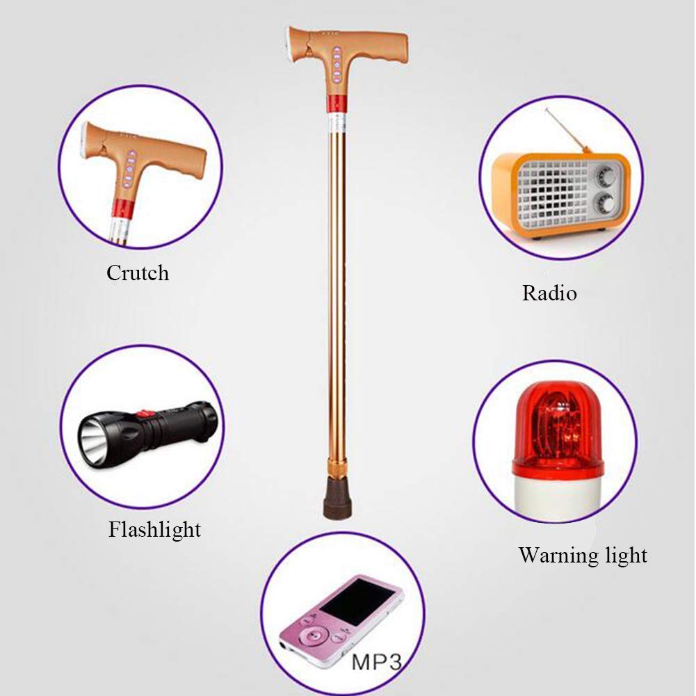 Bastón ajustable con luz LED, alarma y reproductor de MP3, bastón de mano dorado con características multifuncionales
