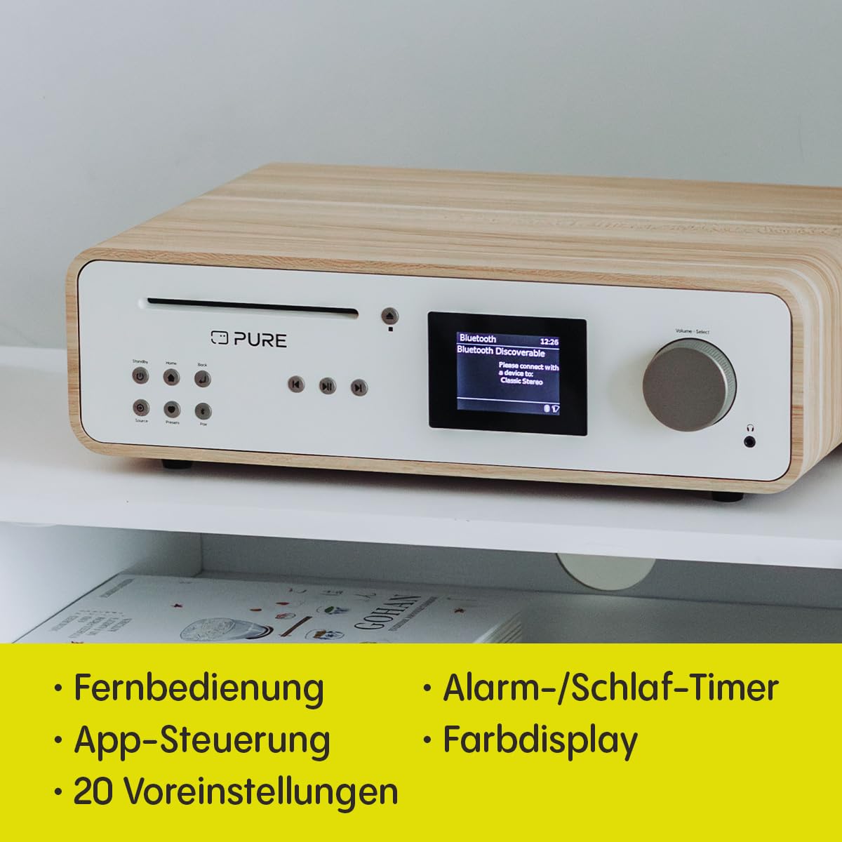 Pure Classic Stereo HiFi Music System, Kompaktanlage (100W Sound, Internet Radio, DAB+/FM, Bluetooth, CD Player, USB and Spotify Connect) Cotton White/Oak