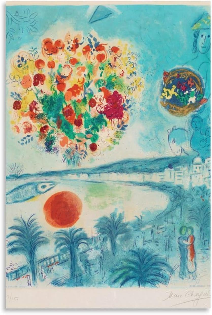 Orjdjz Wxkbl Marc Chagall Prints《Flowers And Sun》Canvas Wall Art Marc Chagall Poster Retro Painting Abstract Picture for Bathroom Wall Decor 40x60cm Frameless