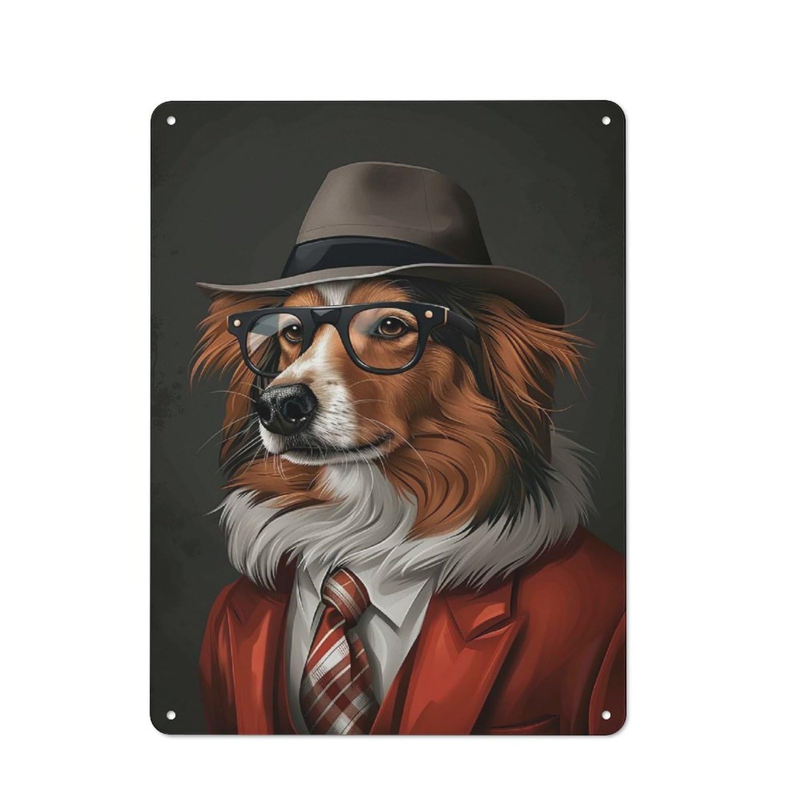 Junmoney Shetland Sheepdog In Suit And Hat Vintage Metal Plaque 40X30cm, Bistro Wall Plaque For Coffee Bar, Kitchen, Bistro Or Tea Corner