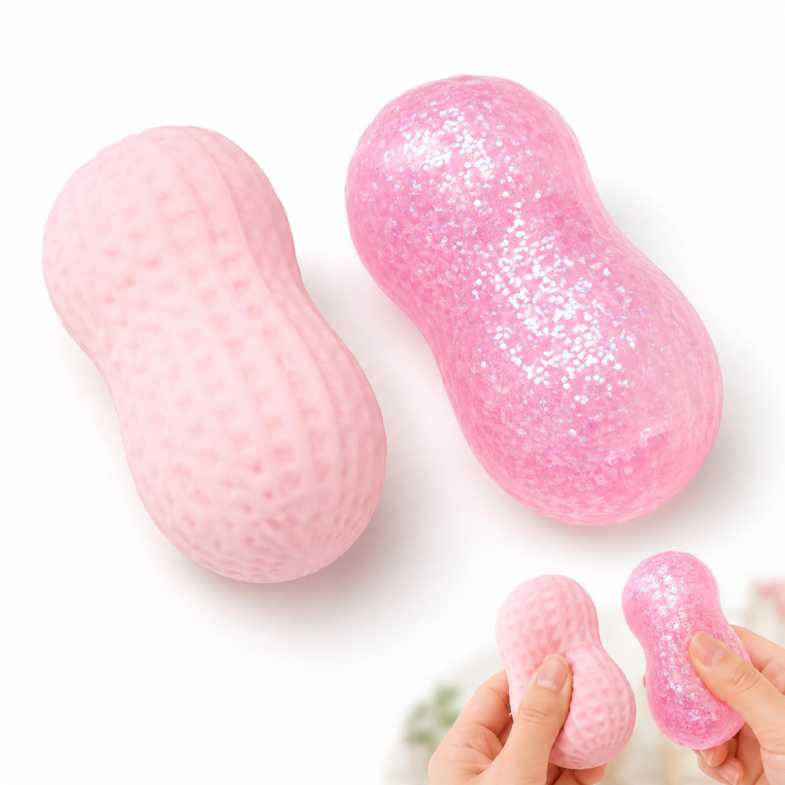 2 PCS Peanut Squishy, Squishy Peanut, Soft Stress Relief Tools for Stress Management and Focus Improvement, Pink Moldable Sensory Decoration with Crunchy Texture for Office School and Travel Use