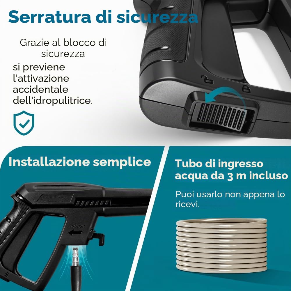 Yofidra Idropulitrice ad alta pressione, con lancia a schiuma e pistola ad acqua, pressione 100 bar, 1200 W, tubo da 5 m, per auto, casa e giardino, pressione elettrica