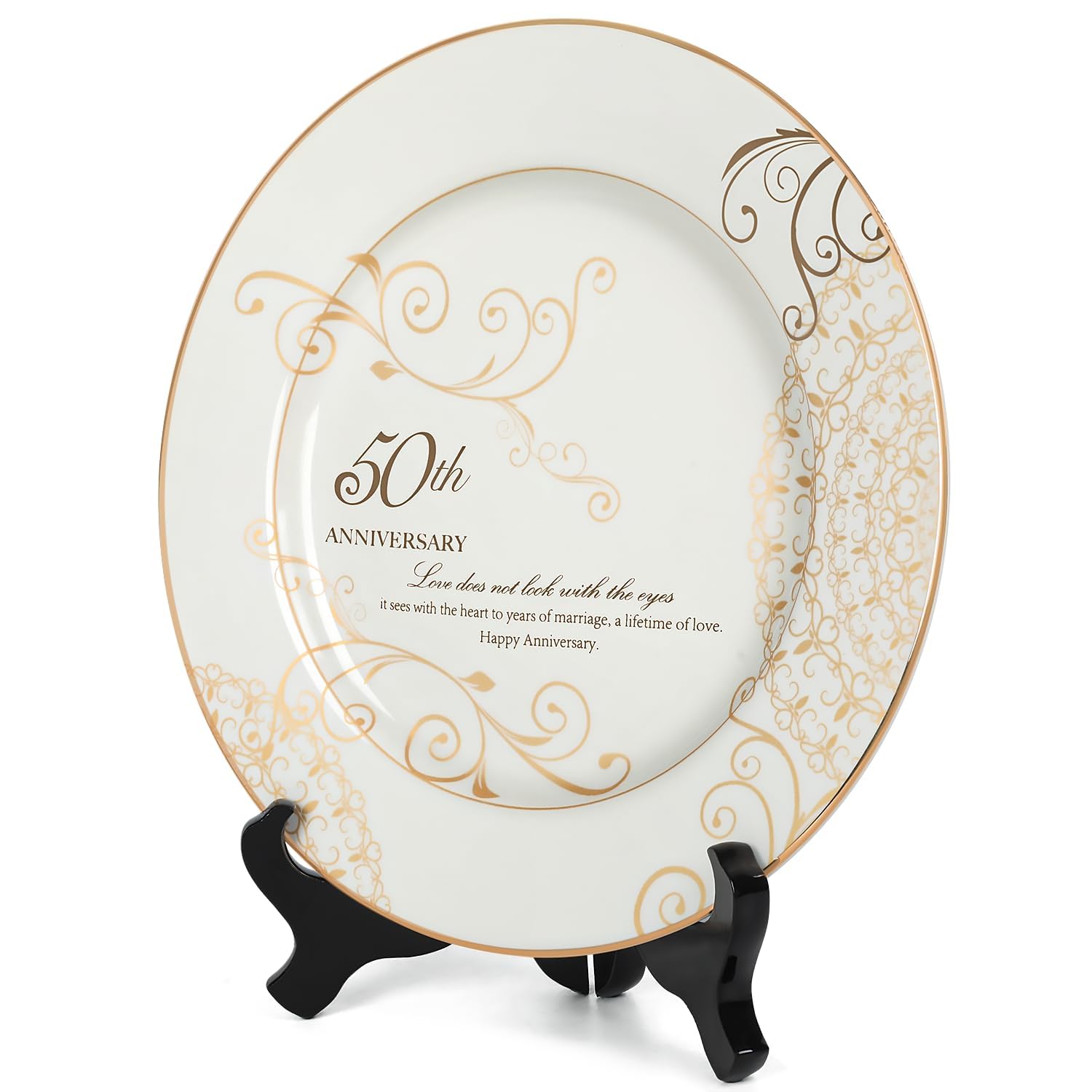 Urllinz Plato de 50 aniversario de boda, 50 aniversario de boda, regalo para parejas, 50 años de oro de boda, plato superior de porcelana de oro de 9 pulgadas para abuelos con soporte