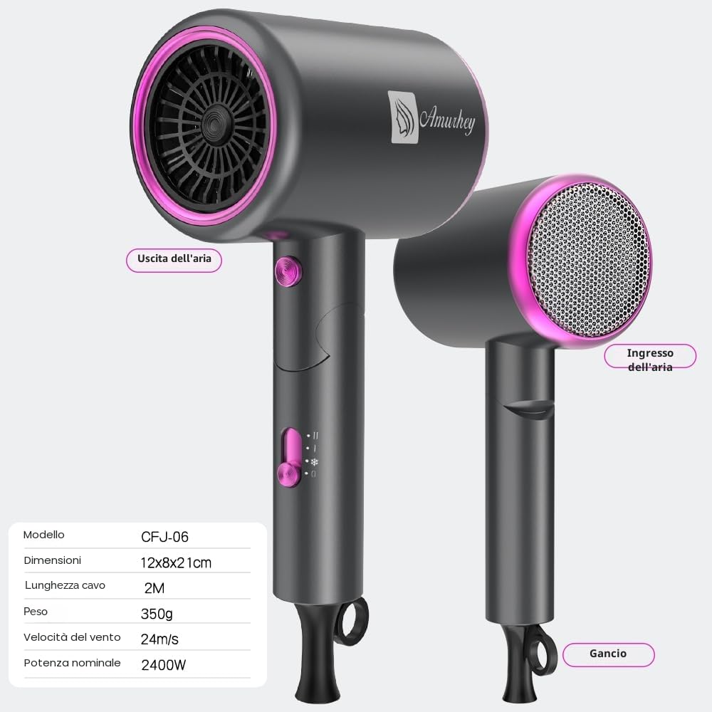 Asciugacapelli ionico 2400W con Borsa da viaggio [Leggero, alta velocità & pieghevole] Set per Acconciature con Concentratore/Diffusore/Pettine per volume, Phon Capelli a Temperatura Costante