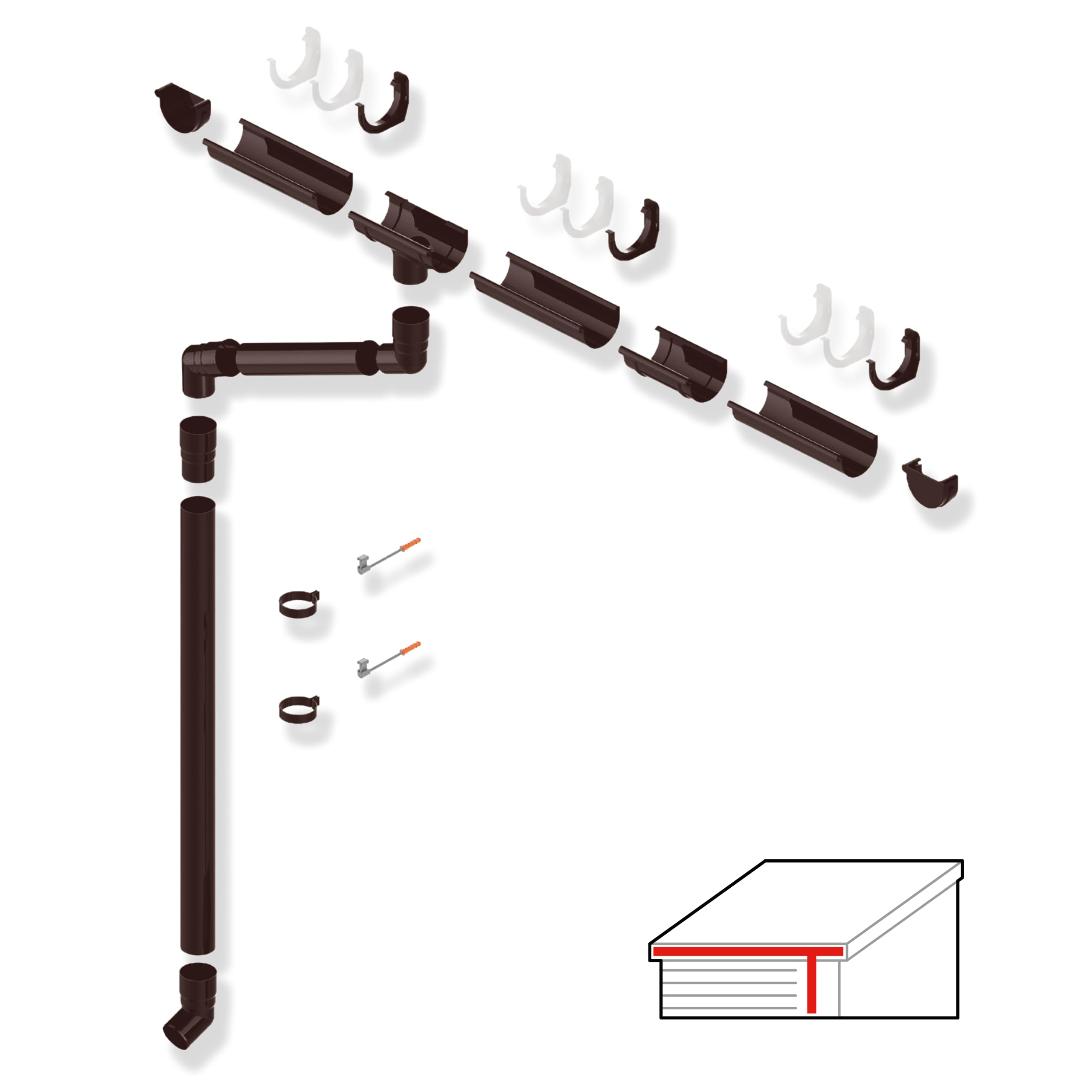 SMART Dachrinnen-Set PVC, 38-teilig, 100/63 mm für 8 m Dachlänge (Braun)