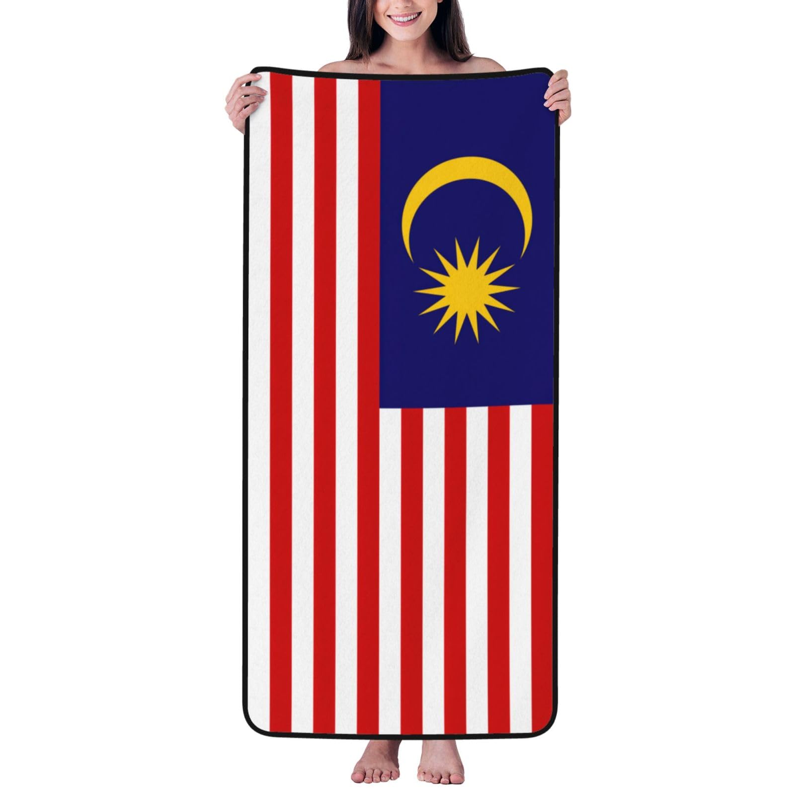 Nimongt Unisex Black Malaysia Flag Print Lightweight Comfort Coral Velvet Bath Towel Home Bathroom Hotel Spa Beach Travel