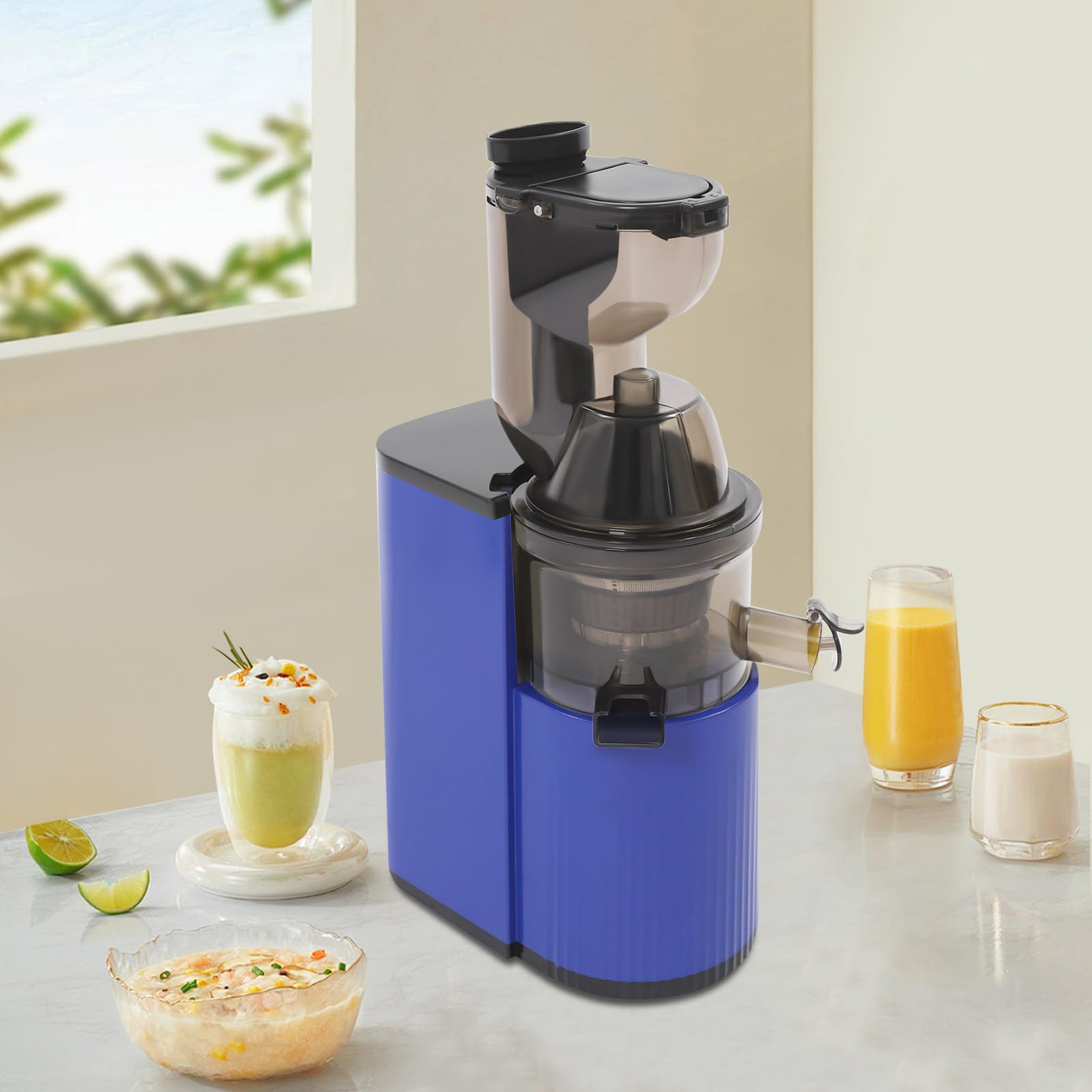 Exprimidor lento para frutas y verduras con función de retorno | Tecnología de prensado en frío, motor silencioso y fácil limpieza (azul)