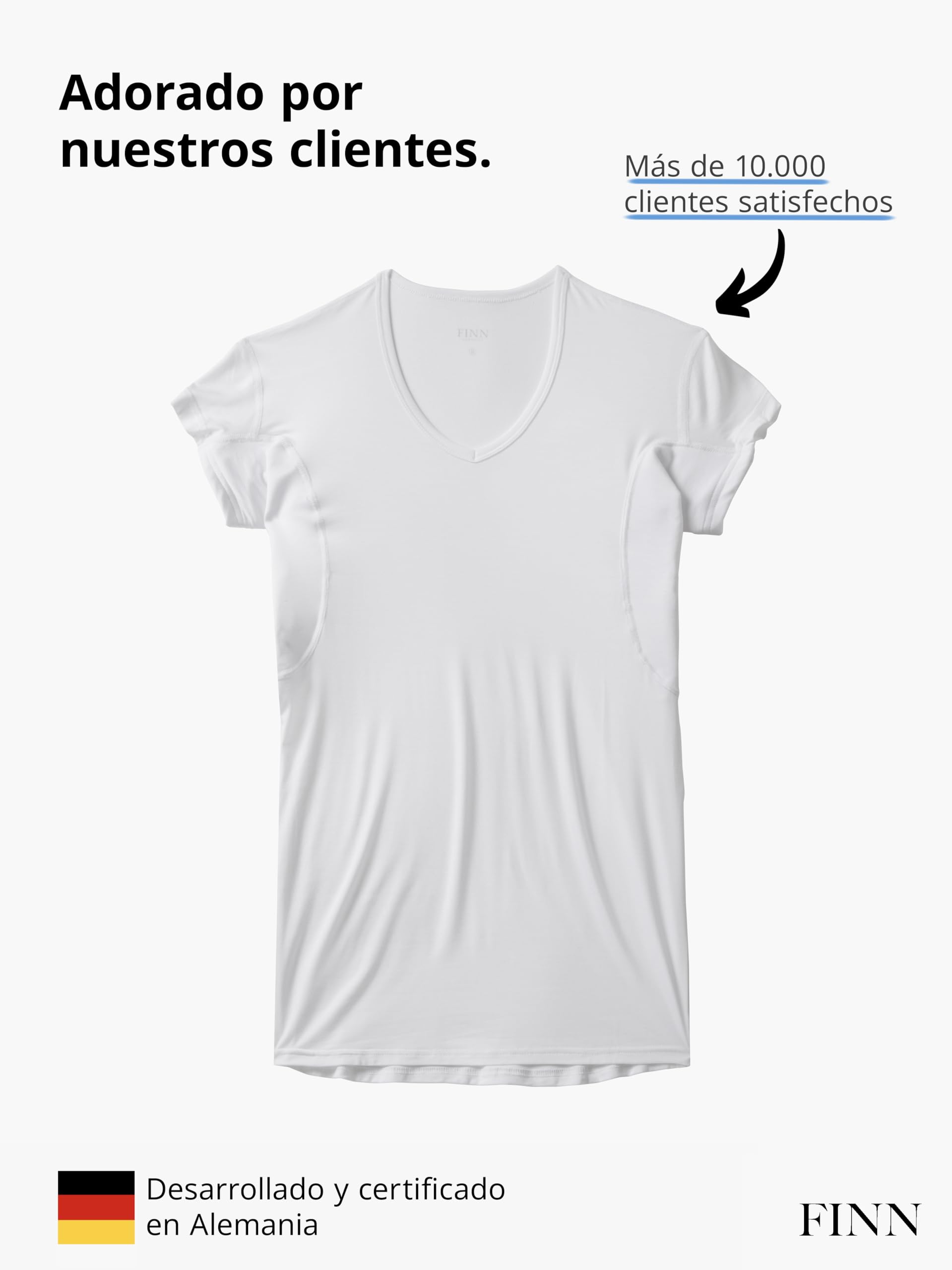 FINN Camiseta Antisudor Hombre Manga Extra Corta - Invisible Bajo Polo | Termina 5 cm más arriba y no se ve. Almohadillas de hasta 100 ml, tallas de la S a la 5XL