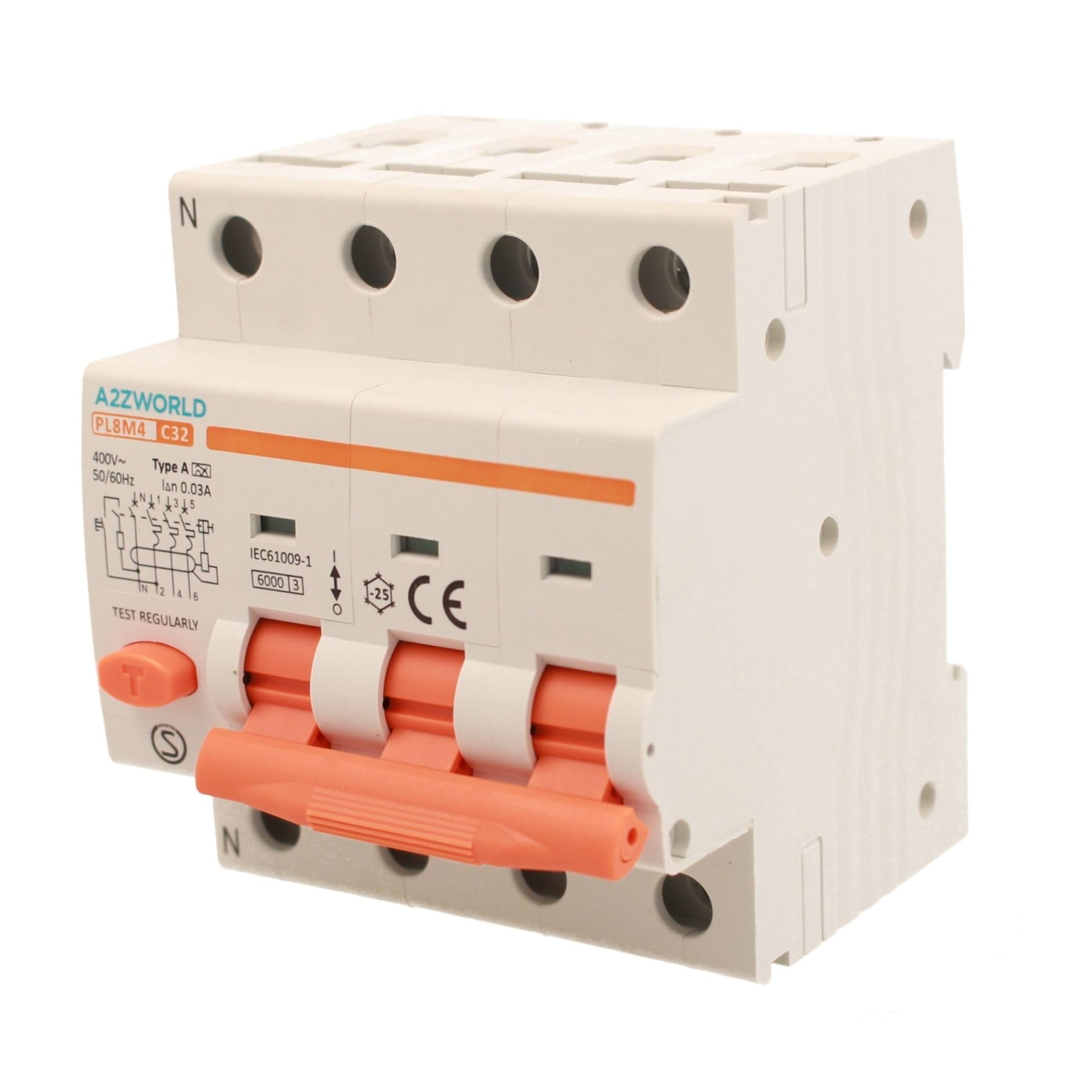 Interruptor diferencial magnetotérmico trifásico tipo A, 32 A C32, RCBO 3P+N 6 kA 30 mA Curva C 380 V, 4 módulos DIN, serie PL8M4 profesional electromagnética