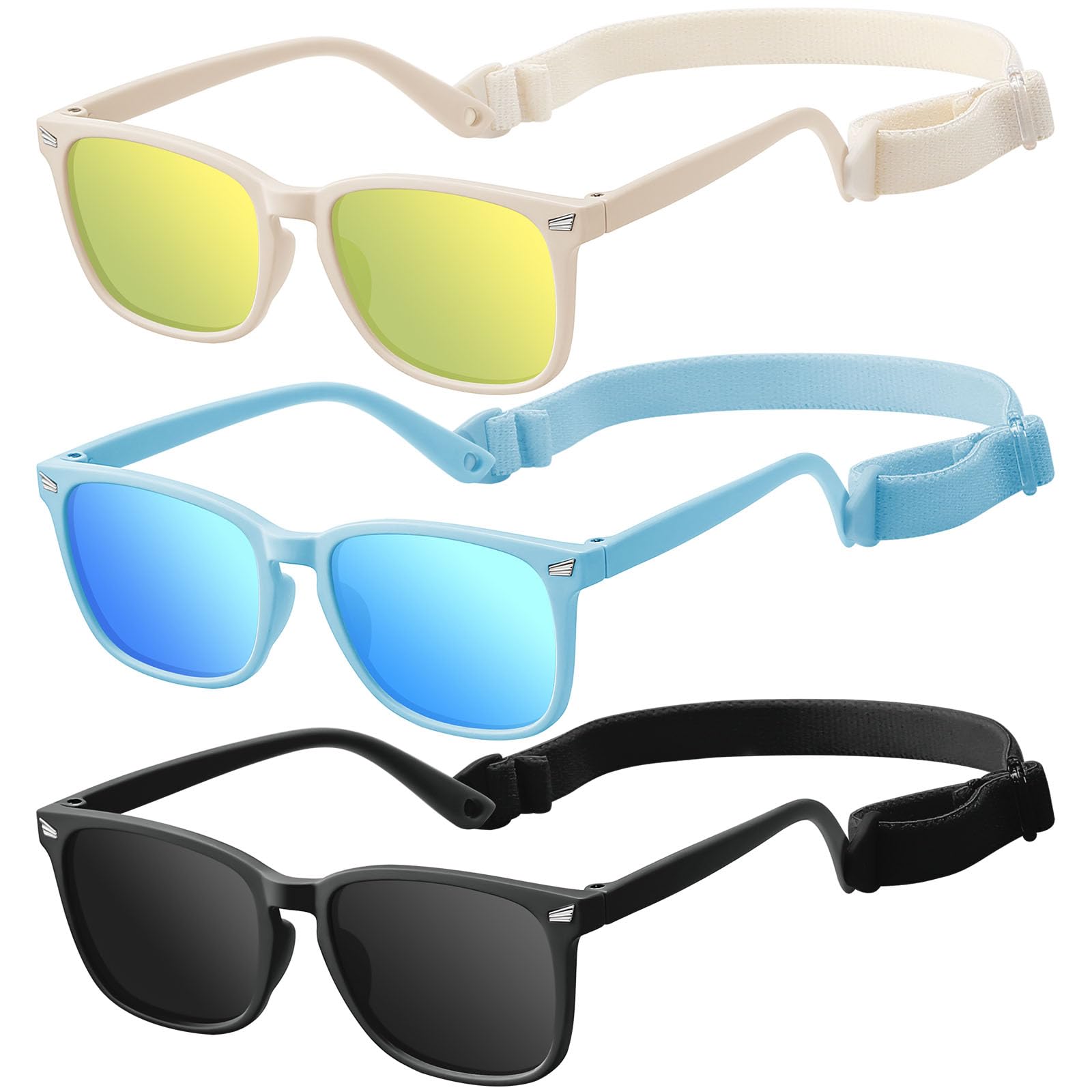 zestero Baby Infant Toddler Polarized Sunglasses with Strap for Boys Girls Age 0-24 Months, 3 Pack Flexible TPEE Rubber Frame Kids 100 UV Protection Sunglasses Newborn Shades
