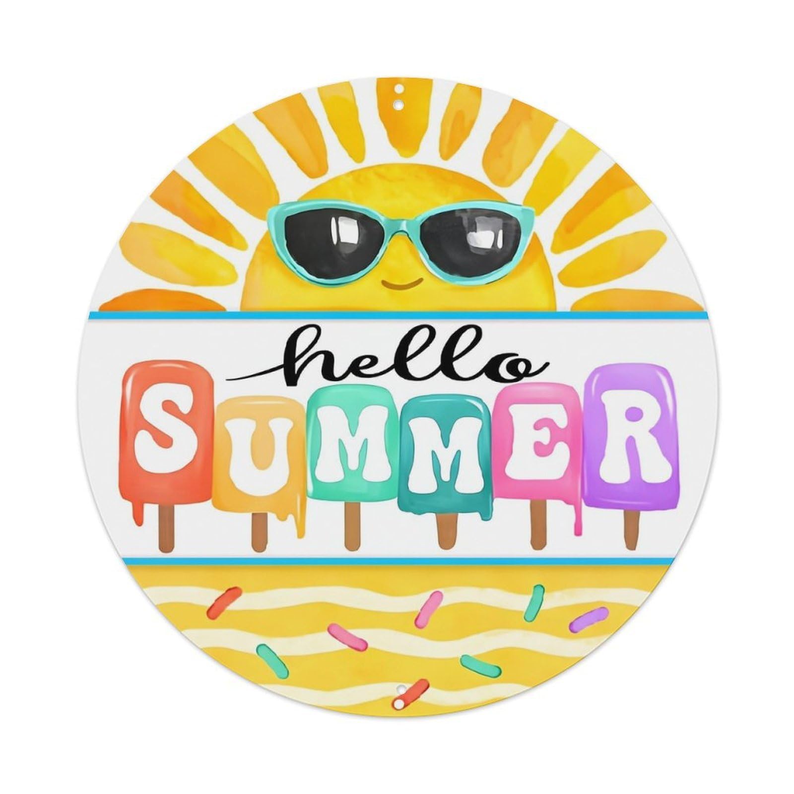 Sun With Sunglasses Hello Summer Popsicles Beach Sand Sprinkles Tin Sign Metal Poster Vintage Metal Signs for Home Man Cave Bar Cafe Kitchen laundry room Wall Decorations Gift 8x8Inch