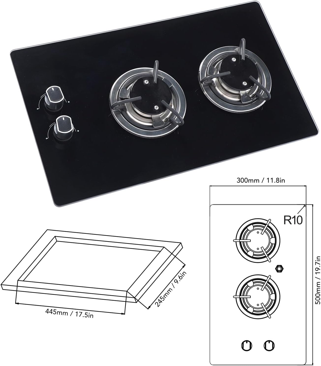 Marine Gas Stove 2 Burner LPG Cook Top Stove Tempered Glass Double Hob 1.8kw, Compact Design, Toughened Panel, Fits for Caravan, Motorhome, Boat, RV