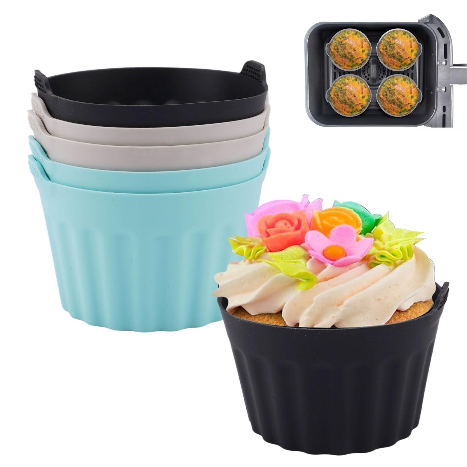 6 Pezzi Pirottini per Friggitrice ad Aria, Pirottini Silicone Senza BPA, Stampo per Uova in Silicone Antiaderente, Riutilizzabile Stampi per Muffin per Cupcake, Budini, Gelatina (Grigio + Blu + Nero)