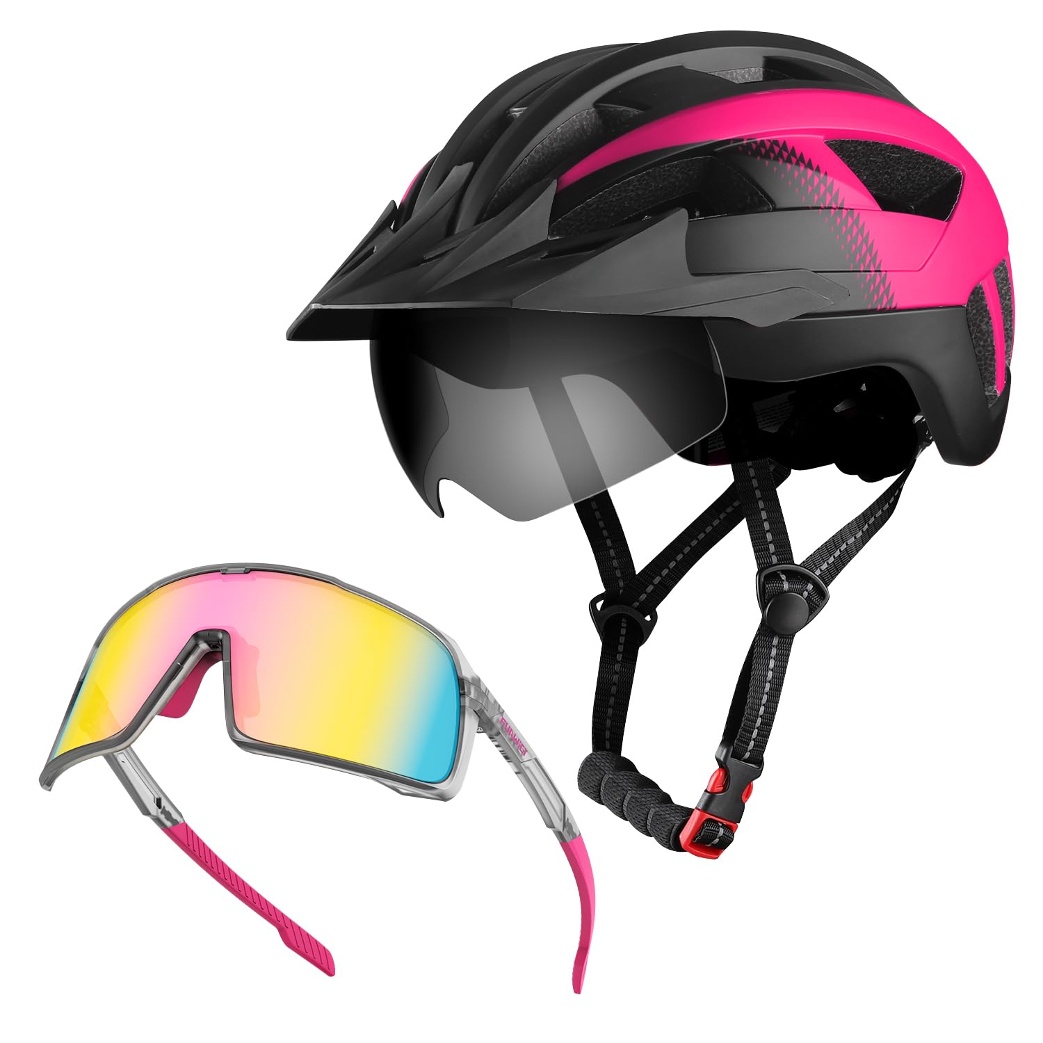 FUNWICTBike Helmet with Visor Goggles (Black Pink, L) and Polarized Cycling Glasses (Pink Grey, L)