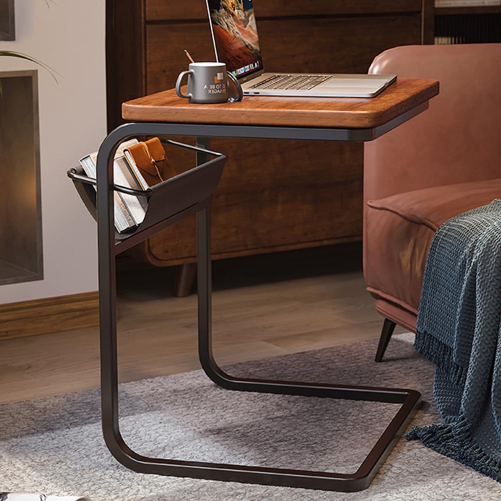 SXZenSpace Modern Rectangle Side Table with Storage Basket, Sofa Tray End Metal Frame,Couch Tables That Slide under for Living Room, Bedside,walnut
