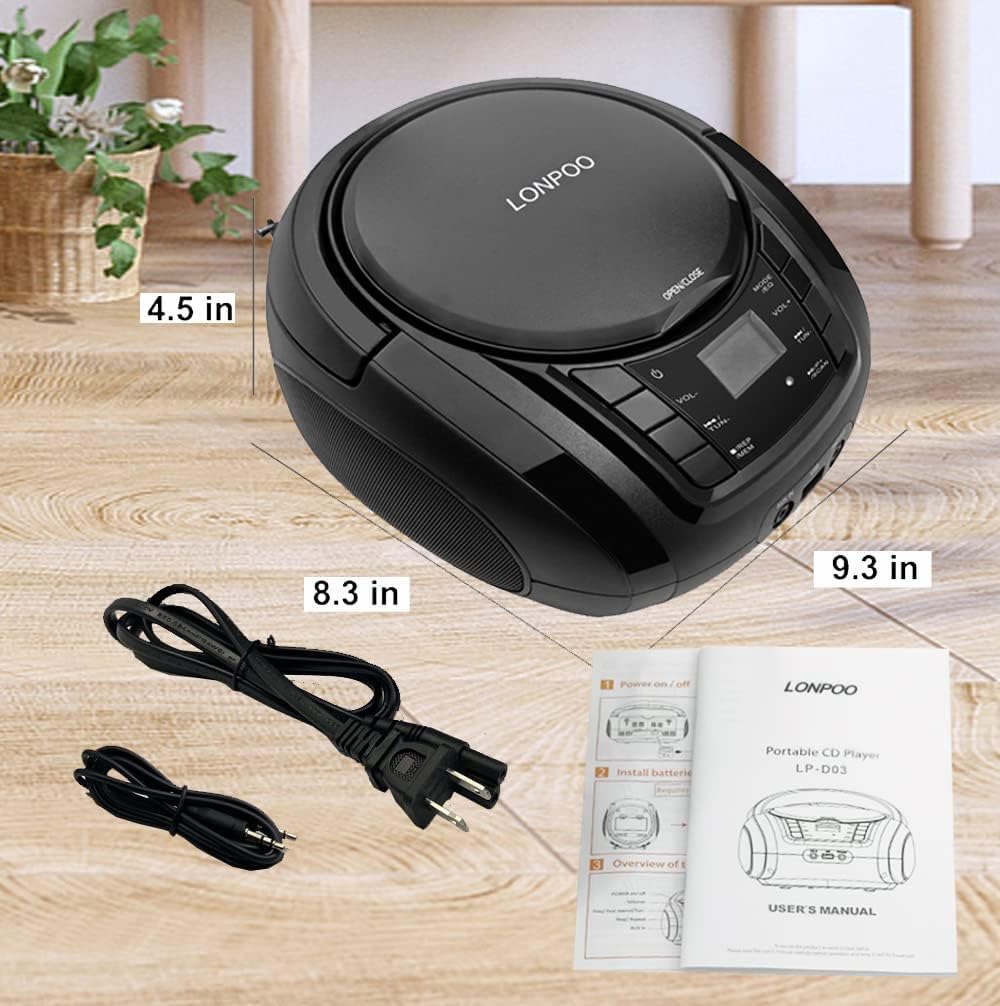 Lecteur CD avec Bluetooth, LP-D03 Radio FM Portable Stéréo avec Son Cristallin, Lecture MP3, Entrée USB et AUX, Prise Casque, Ecran LCD
