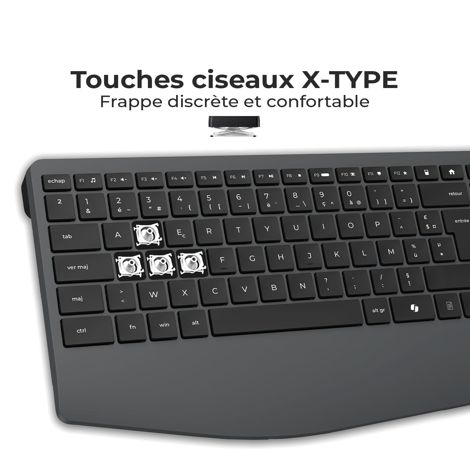 AD ADVANCE - X-Type, Ensemble Clavier Souris sans Fil Silencieux pour PC, Souris 1600 DPI, Clavier AZERTY, 112 Touches X Ciseaux, 12 Raccourcis Multimédias, Bouton Copilot AI, Hauteur Réglable, Noir
