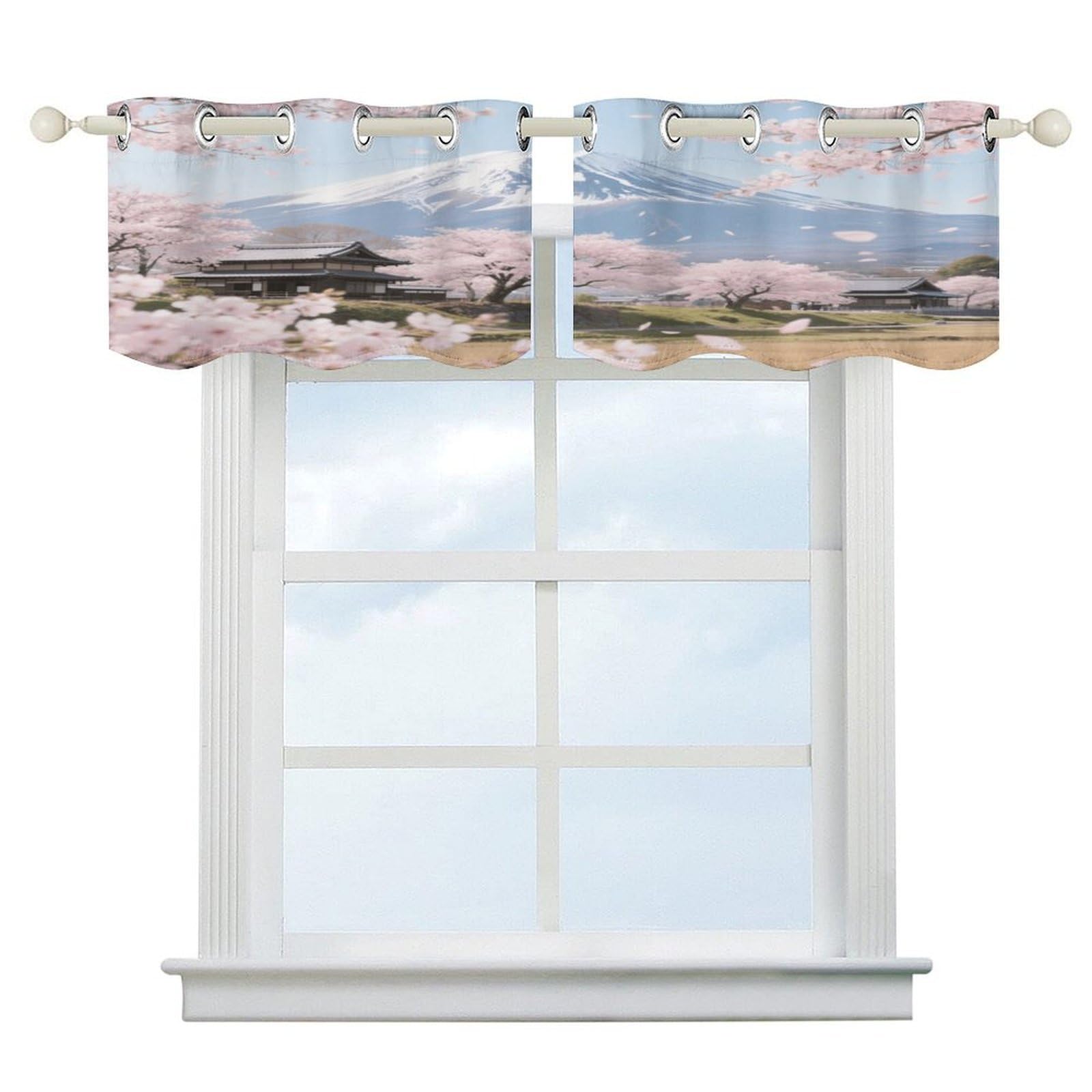 Fekiloot Style Mt. Fuji Cherry Blossoms Short Curtains Valance Curtain