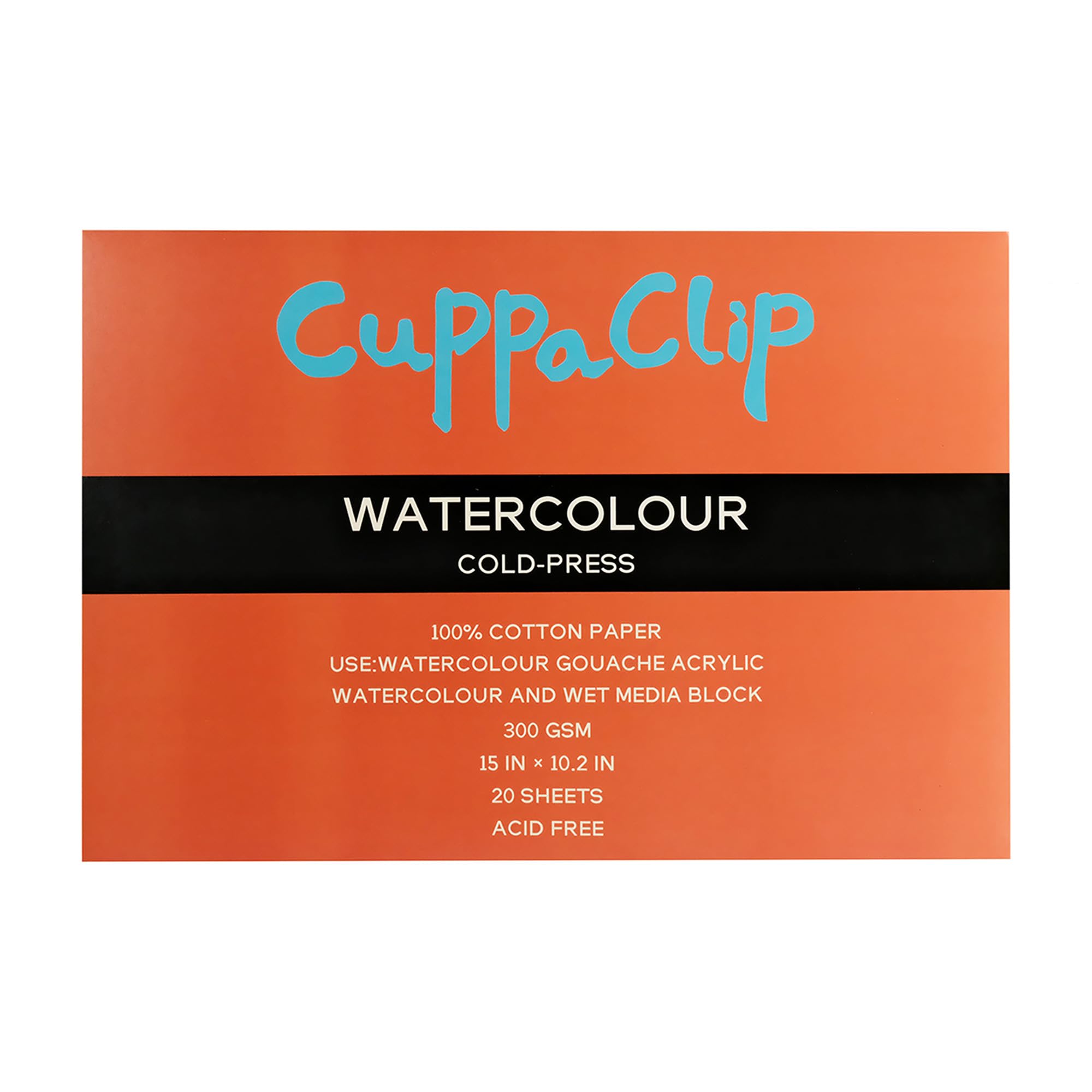 CuppaClip Watercolor Paper Block Pure Cotton Art Paper Pad 300GSM(140LB) Acid-Free 20 Sheets Watercolor Art Supplies (Cold Press, 15×10.2in)