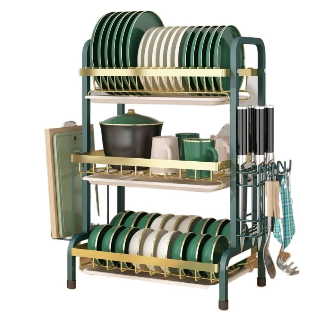 GOOPEEG Dish Drainer,Dish Rack 3-Tiers Kitchen Carbon Steel Drain Bowl And Dish Rack Storage Knife And Chopsticks Chopping Board Easy Dish Organization(Grün)