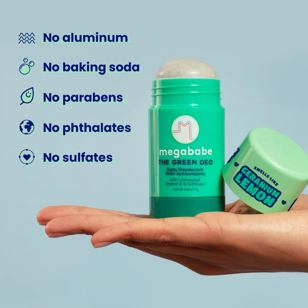 Megababe Daily Deodorant - The Green Deo with Vitamin E & Safflower | Aluminum-Free, Solid, All Natural | Geranium & Lemon | Free from Parabens, Sulfates & Phthalates | 2.6 oz - Image 4