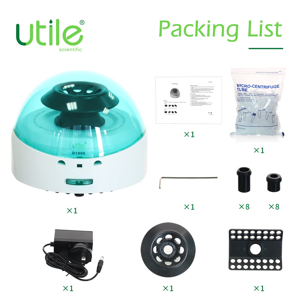 Utile Benchtop Centrifuge Set, Maximum Speed of 7000RPM, Green Cover, with 500pcs of 2ml Microcentrifuge Tubes, 2 Rotors for 8 x 0.2/0.5/1.5/2.0ml and 0.2mL×32 PCR Strips or 0.2mL×4 PCR 8 Strips.