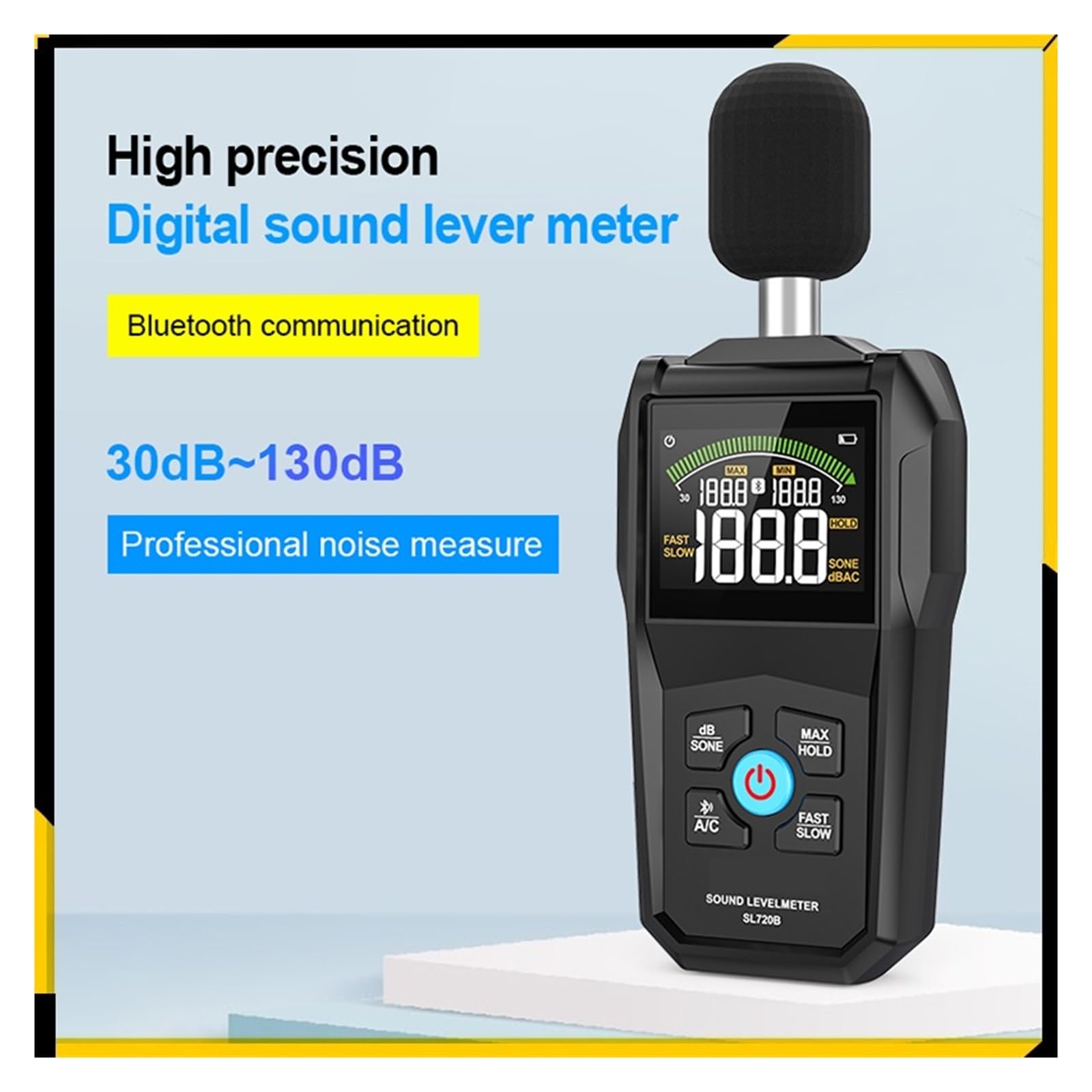 Fonometro, Fonometro Digitale Portatile Misuratore di livello sonoro digitale 30~130dB Sonometro professionale Tester di rumore Rilevatore di decibel portatile con comunicazione per Aula, Ufficio, Fab