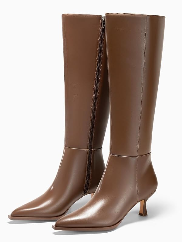 Coutgo Womens Knee High Boots Kitten Low Heel Pointed Toe Tall Boots Side Zipper Winter Dress Shoes, Dark Brown, size 7 by Coutgo - Image 5