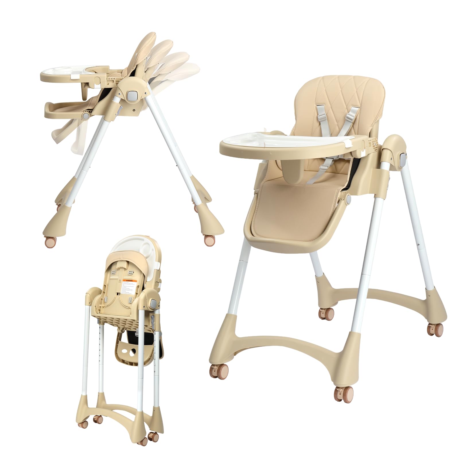 Bonnlo Baby Hochstuhl 7-fach höhenverstellbar, Kinderhochstuhl mit Doppeltablett ab 6 Monate für Essen und Badewanne, Multifunktionaler Babystuhl (Beige)