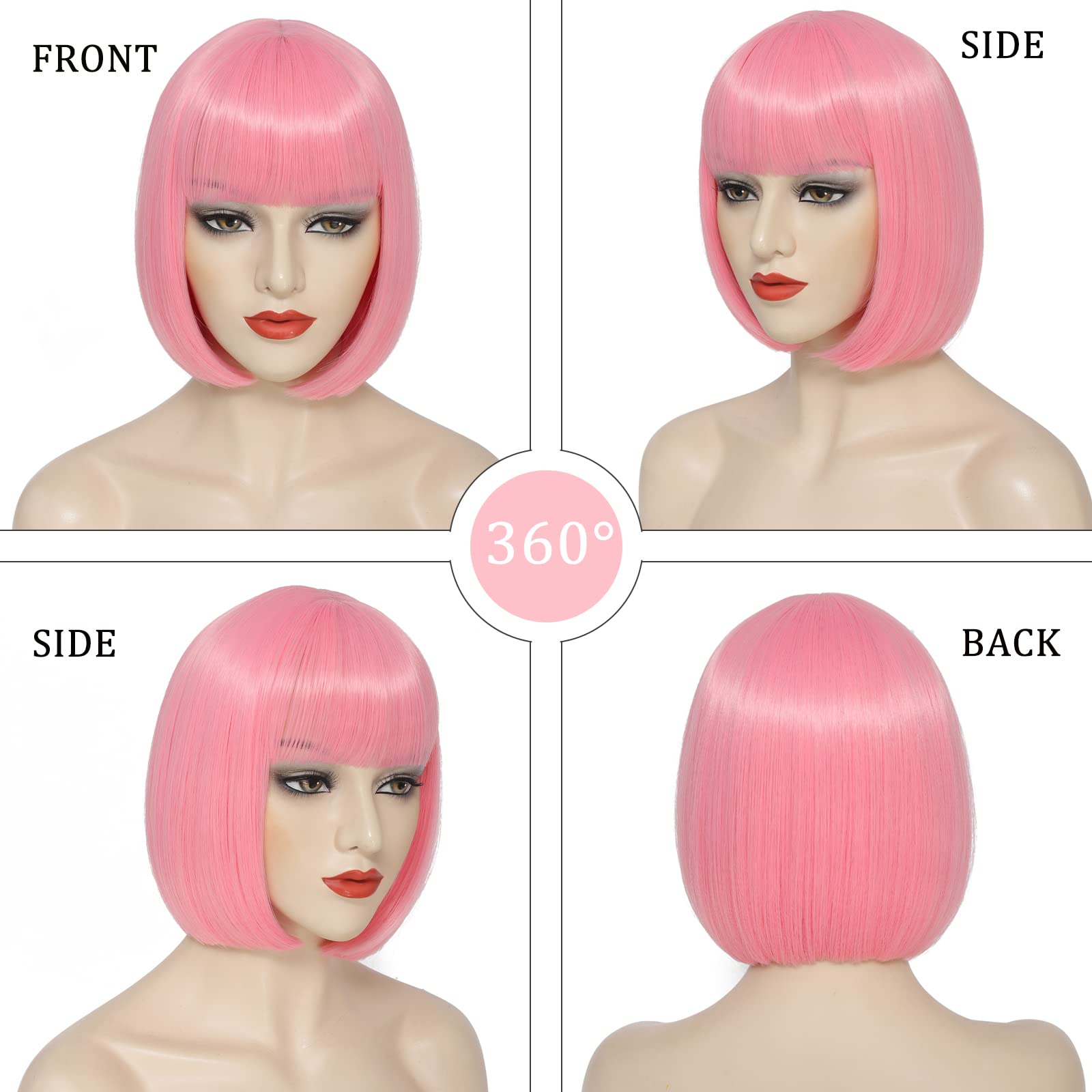 Amazon.com : YBYMCAI Pink Bob Wig With Bangs Short Pink Wigs  display picture 2