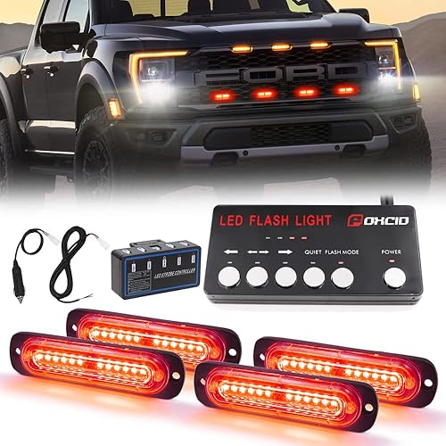 FOXCID 4 piezas Luz estroboscópica LED para rejilla de emergencia, montaje en superficie, ultra delgada, función de sincronización, advertencia de