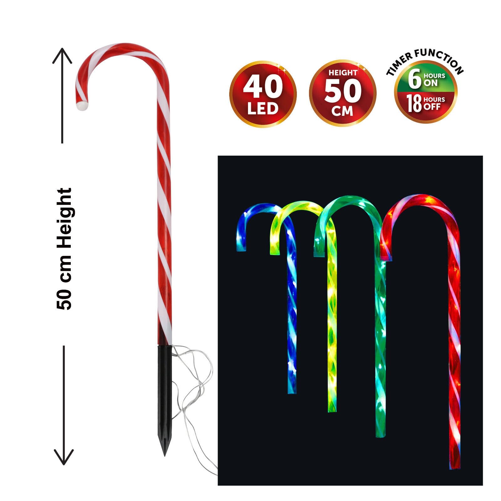 Almineez Christmas Set of 4 Candy Cane Red & White Light Up 50cm Stakes Garden Path Patio 40 LEDs Outdoor Indoor Festive Lighting Novelty Xmas Pathway Decorations (Multi-Coloured) - Image 4
