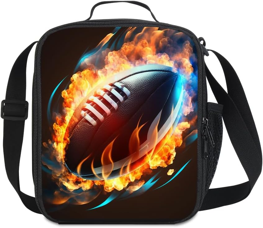 American Football Lunch Box for Boys Girls Insulated Lunch Bag for Kids with Adjustable Shoulder Strap Portable Lunch Tote Bag for School Picnic Hiking