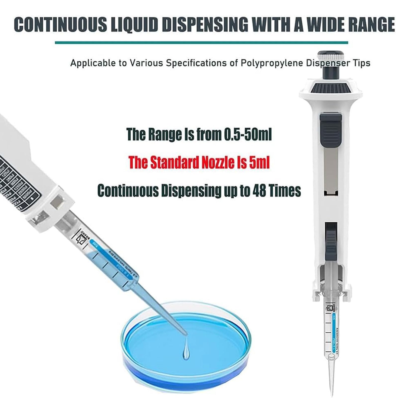JOSBY Pipetas continuas de 0,5 ml a 50 ml (48 Unidades), dispensador de Laboratorio de Volumen Ajustable, pipetas monocanal con Puntas de 5 ml, pipeta de 5 velocidades, posición de Engranaje Visible