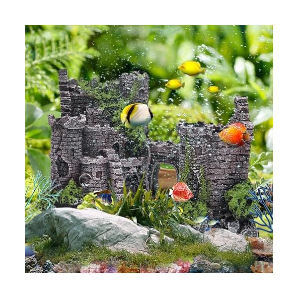 DXIA Aquarium Decoration, Stone Castle Fish Tank Decorations Plants with Crafts Moss, Resin Crafts Moss Aquarium Fish Tank Ornament Decoration, Aquarium Accessories, Aquarium Furniture - Image 3
