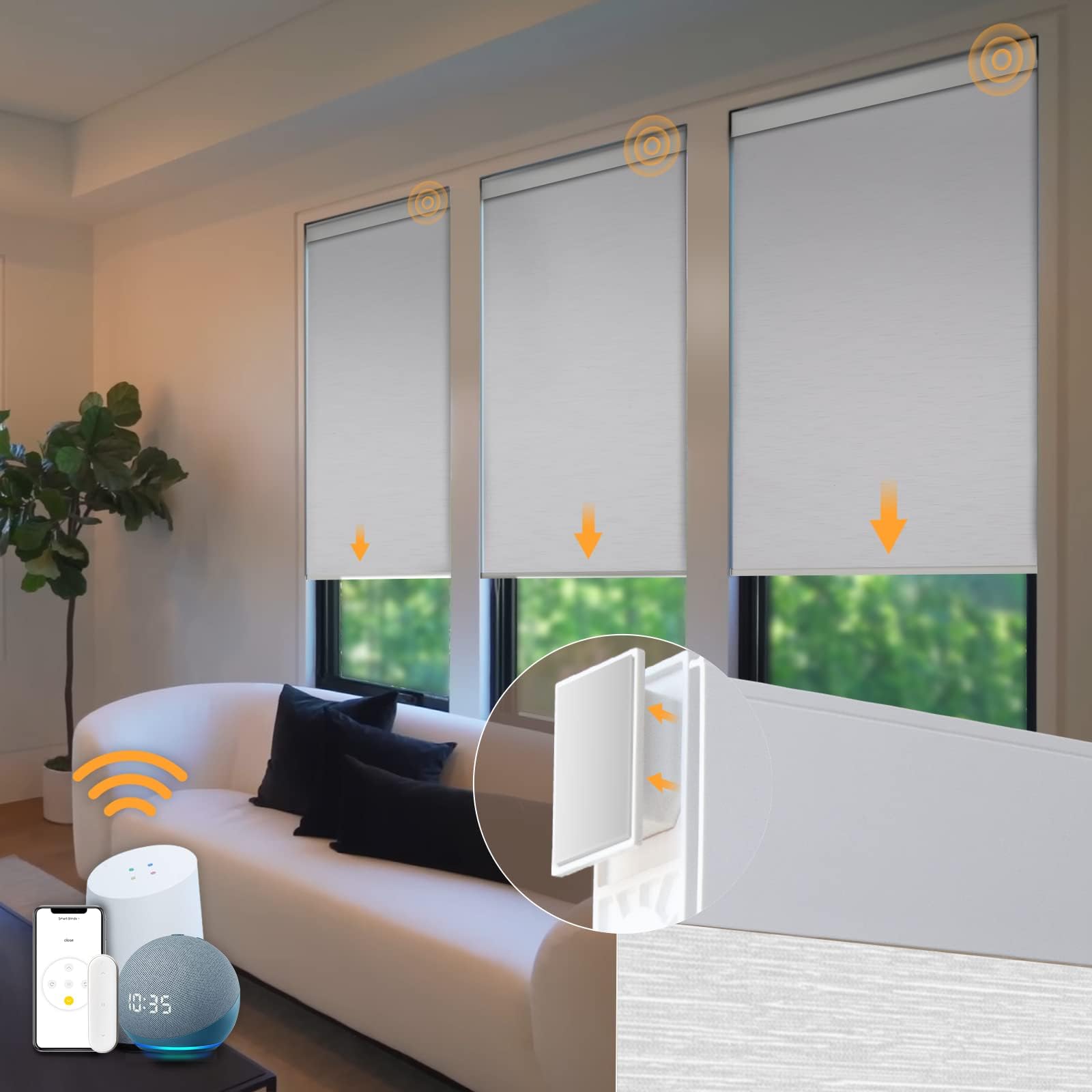 Hapadif Motorized Blinds No Drill Automatic Blinds for Windows Cordless Roller Shades Electric Blinds with Remote Control Smart Blinds (White, 34 x 72)