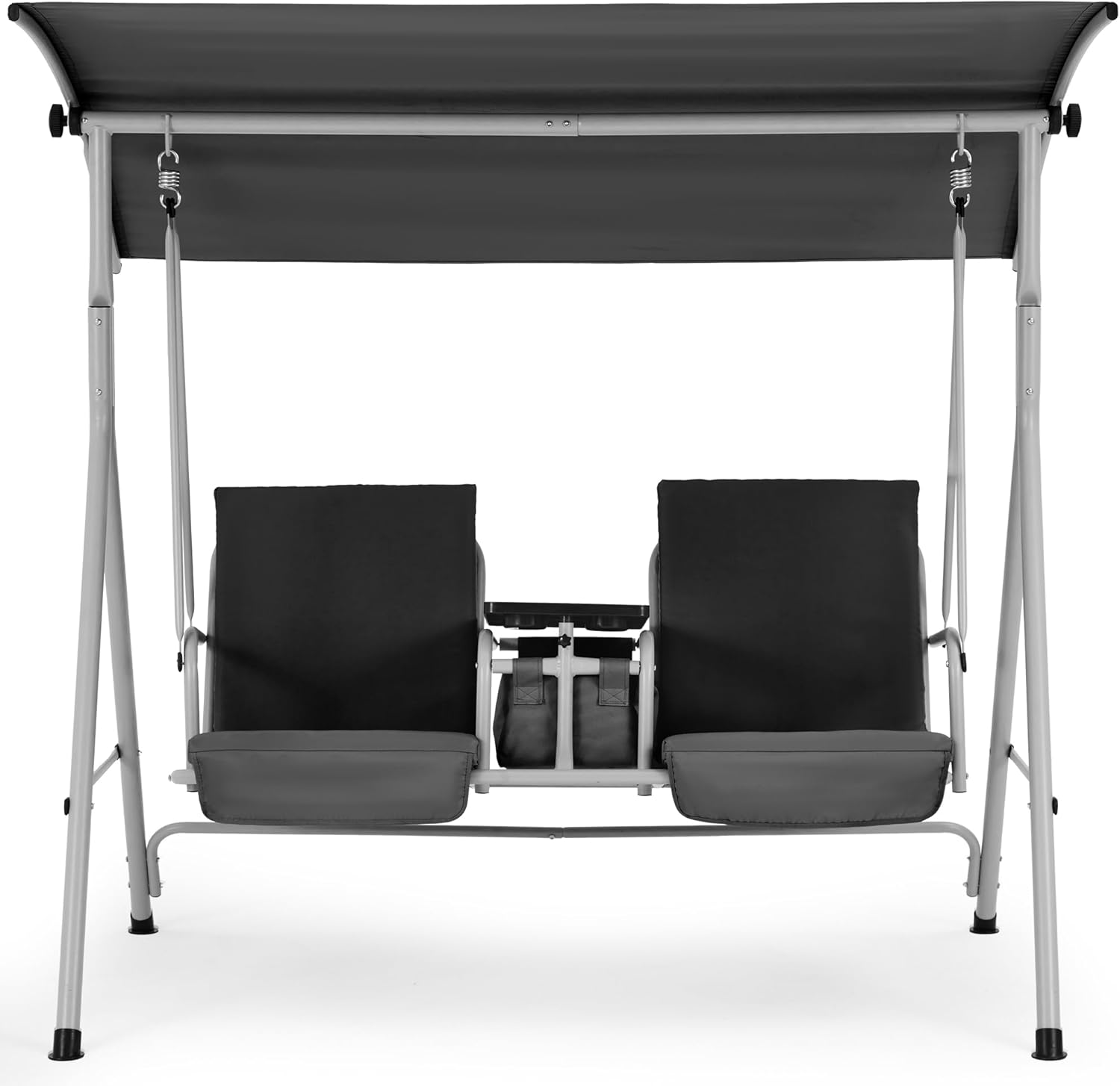 HOMREST 2 Seat Outdoor Porch Swing,Patio Swing with Adjustable Canopy,Heavy Duty 650 LBS Outdoor Swing with Pivot Storage Table & 2 Cup Holders & Cushions for Yard, Lawn, Backyard, (Dark Black)