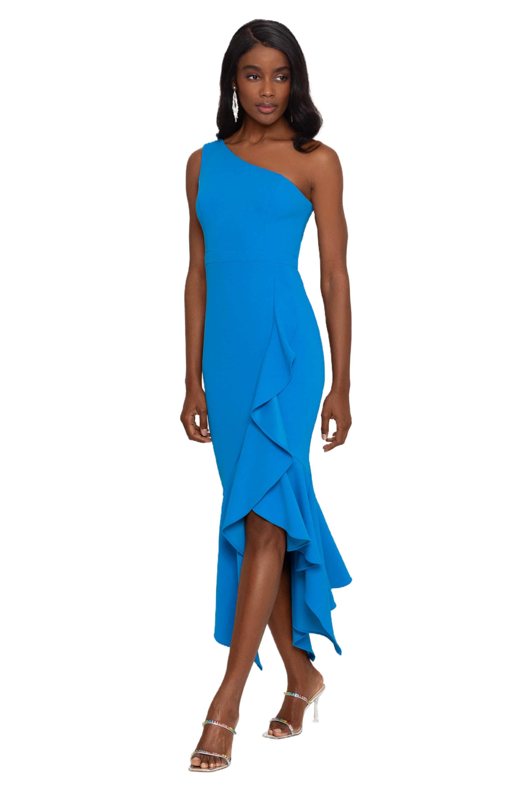 Xscape Women's One Shoulder Ruffle Scuba Crepe Midi Dress, Blue, 8 :  Amazon.co.uk: Fashion