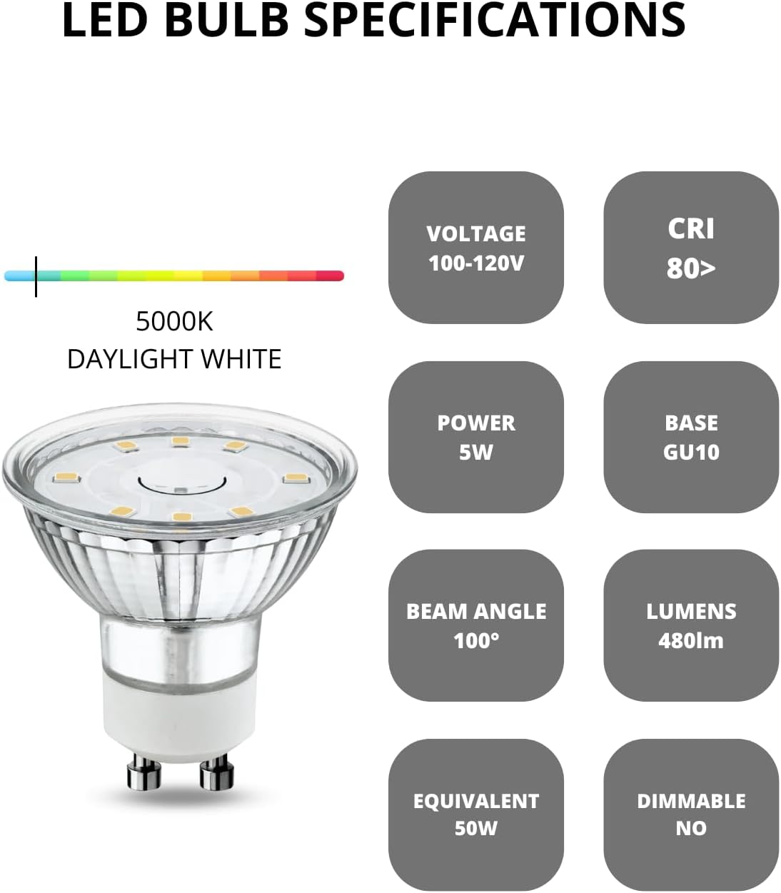NUOVA GERMANY GU10 LED Light Bulbs Non-Dimmable, 5000K Daylight White GU10 Bulb, 5W LED Bulbs with 100°Flood Beam Lighting for Kitchen, Range Hood, Living Room, Bedroom, 6 Pack