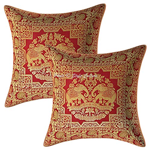 Image of Decorative Brocade Cushion Covers 16x16 Inch Banarasi Jacquard Weave Maroon & Gold Living Room Decor Elephant Traditional Square 40x40 cm Zippered Sofa Settee Pillowcases -Set of 2 Pcs