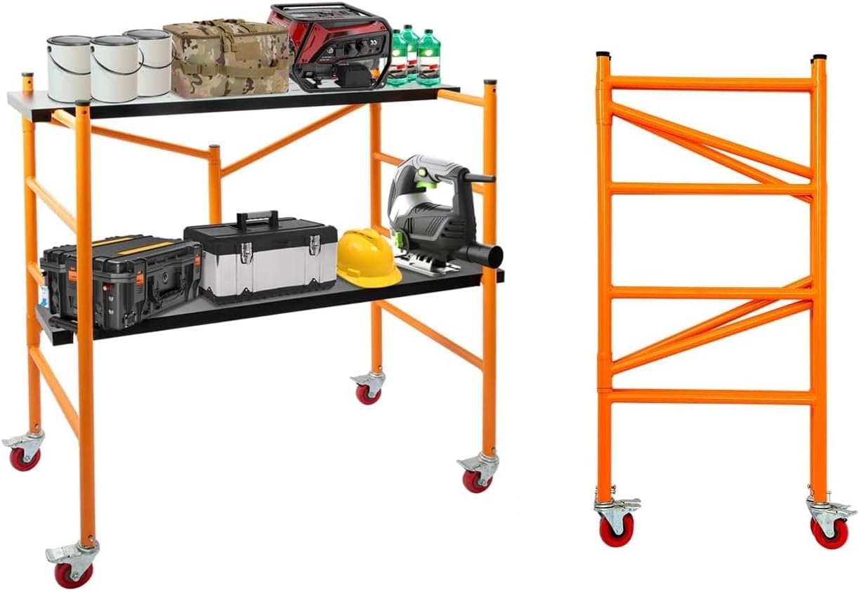 Multi-Purpose Scaffolding Platform, 800 LBS Capacity Rolling Steel Bakers Scaffolding Ladder with Locking Wheels, 4.5 ft High Adjustable Scaffold Set, Orange