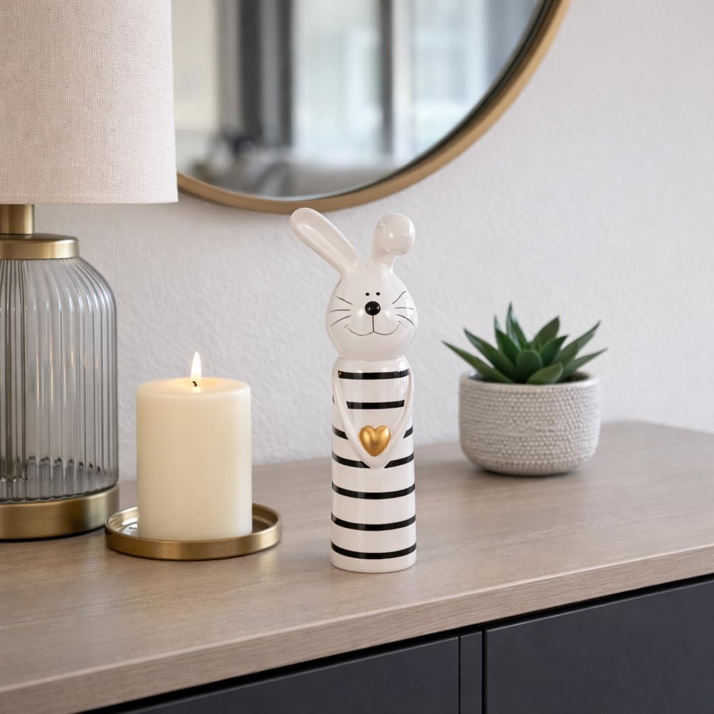 Boho Bunny Figurine - Handmade Striped Ceramic Decor - Stoneware Accent for Living Room, Bedroom & Office - 12" Black & White