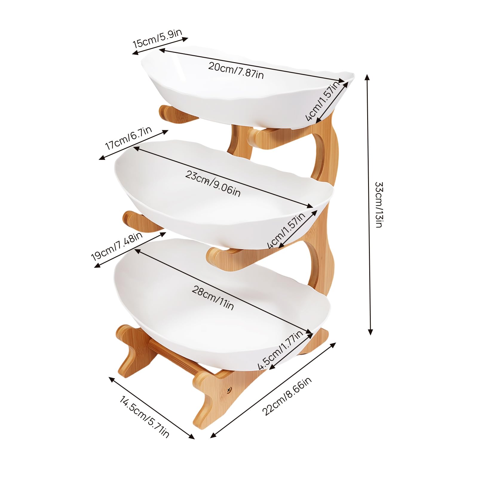 Tyvotrend Alzata per frutta, a 2 ripiani, in plastica, con supporto in bambù naturale, per frutta, caramelle, snack, bianco, 14,8 x 22,5 x 21,5 cm