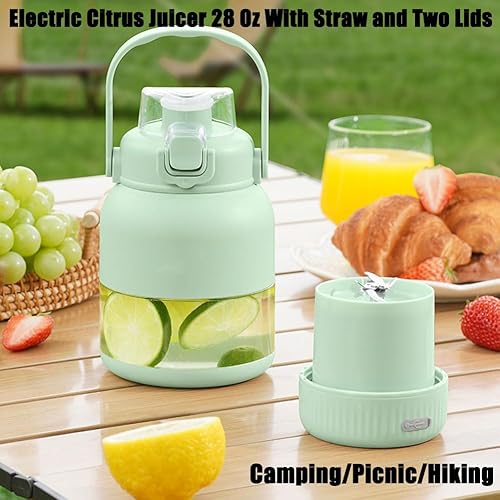 Miniatura 3 de Exprimidor eléctrico de cítricos de 28 onzas con pajita y dos tapas, exprimidor eléctrico portátil de cítricos, mini licuadora portátil recargable,