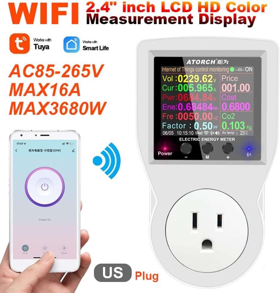 AVHzY AC WiFi Watt Meter S1TW with mobile phone showing app interface