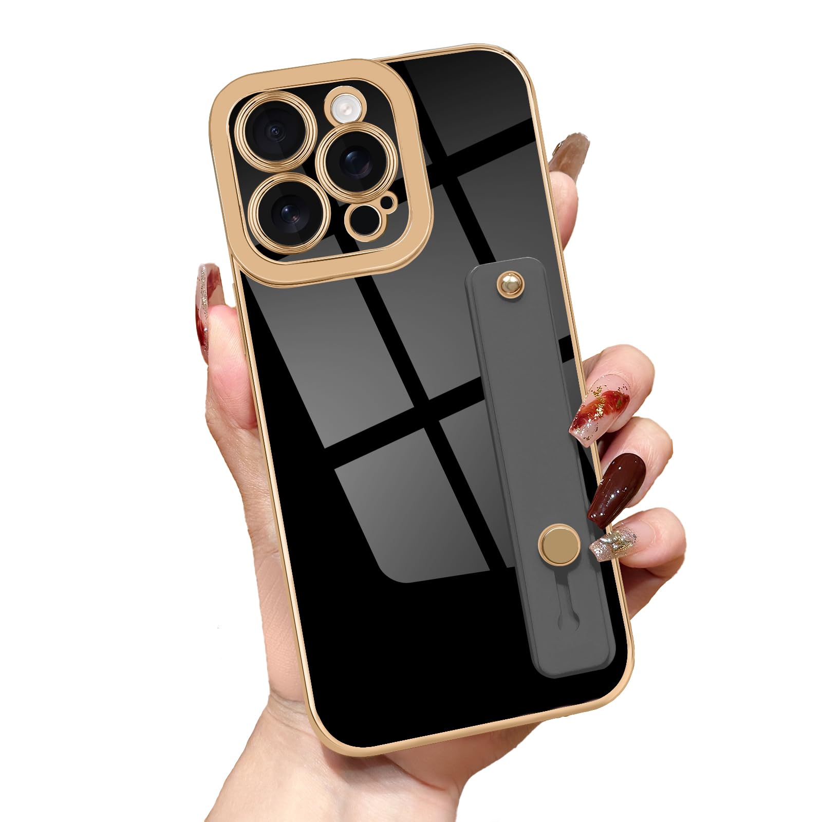 Lafunda for iPhone 16 Pro Case Cute, Luxury Gold Plated for Women Girls Elegant TPU Bumper Cover with Wrist Strap Kickstand Camera Protection